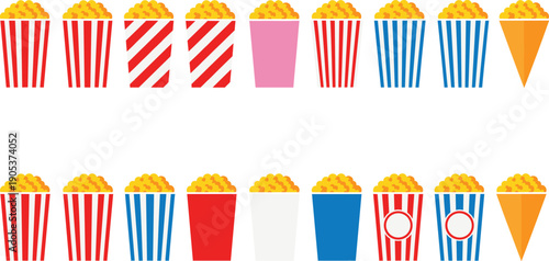 Popcorn bucket icon set featuring striped cinema containers, snack boxes, fast food packaging, and movie theater treats in flat vector style