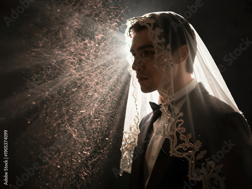 Intense volumetric lighting on man wearing bridal veil with calm face