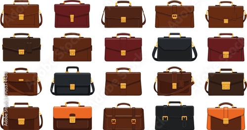 Business briefcase icon set with leather office bags, professional handbags, vintage satchels, and work accessories in clean flat vector design