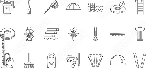 Swimming pool line icon set featuring maintenance tools, safety equipment, water accessories, spa elements, and summer recreation symbols in clean outline vector style