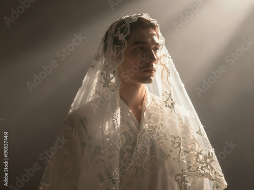Intense volumetric lighting on man wearing bridal veil with calm face
