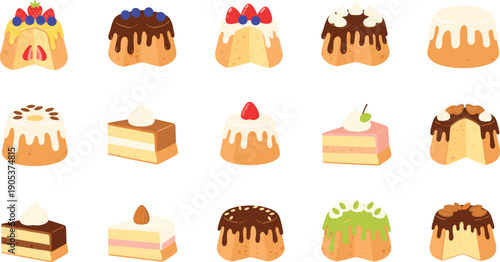 Dessert cake icon set featuring layered slices, cream frosting, chocolate drips, fruit toppings, and sweet bakery pastries in flat vector style