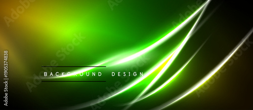 Abstract neon lights, vibrant green, yellow gradients. Dynamic curves create modern background design. Dark space surrounds bright elements.