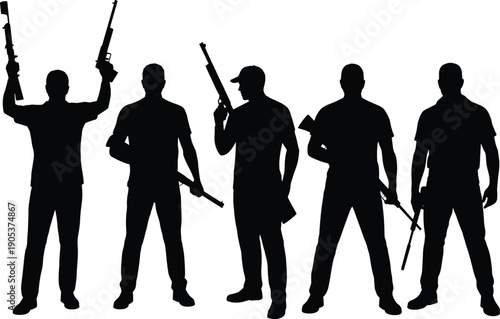 Armed men silhouettes collection, tactical fighters with rifles, military security team poses, combat action flat vector illustration design set artwork