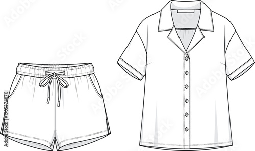 Women's Short Sleeve Button Down Shirt and Shorts Lounge Set Technical Flat Sketch, Pajama Sleepwear CAD Drawing, Fashion Design Template, Vector.