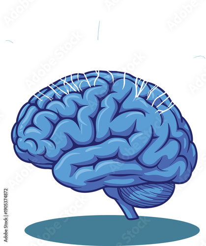Blue human brain vector illustration with neurons firing and electrical impulses isolated on white background for mental health, artificial intelligence, and neurology medical research concepts.