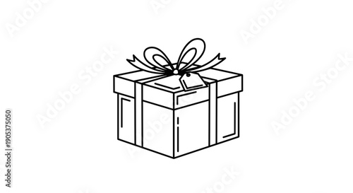 Simple Line Drawing of a Gift Box with Ribbon and Tag.
