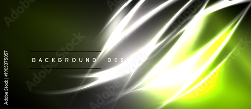 Abstract design features flowing lines, vibrant green, white highlights. Dark background creates dramatic visual effect. Modern, dynamic composition.