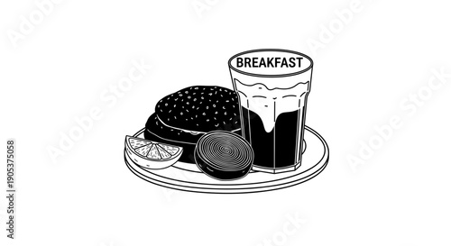 Simple Line Drawing of a Hearty Breakfast Meal.