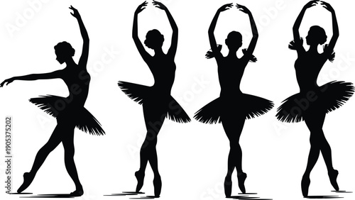 Ballet dancer silhouette collection, elegant classical ballerinas posing gracefully isolated on white background, performing dance art black flat vector illustration