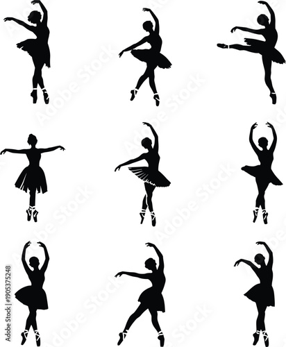 Ballet dancer silhouette collection, women performing classical dance poses, graceful movement elegance art concept, black flat vector illustration, isolated, design