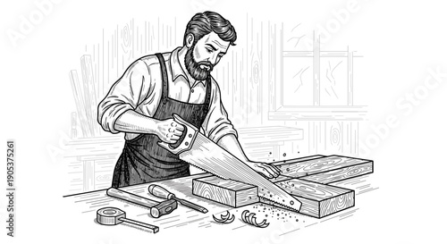 Skilled Carpenter Working with Saw on Wood Pieces.
