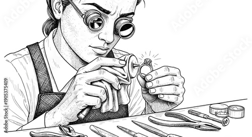 Skilled Jeweler Concentrating on Intricate Ring Repair with Magnifying Glasses.