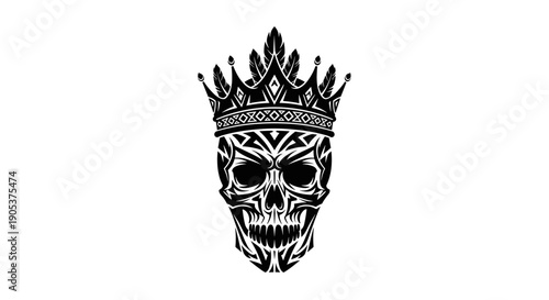 Skull Wearing Ornate Crown Tribal Tattoo Style.