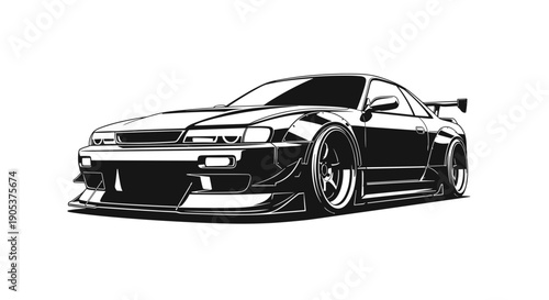 Sleek Modified Sports Car Illustration Black and White.
