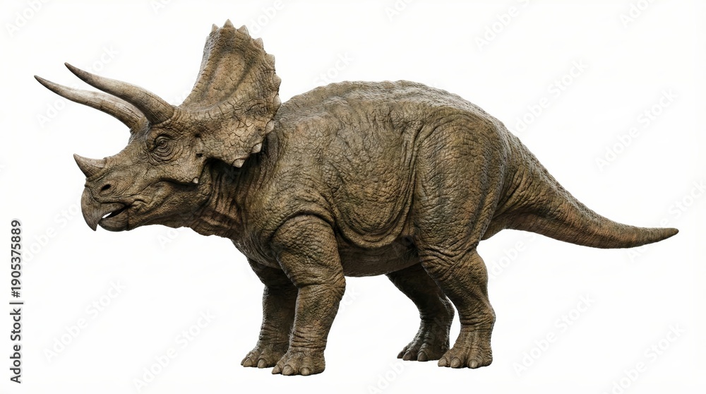 Obraz premium A realistic, detailed model of a Triceratops dinosaur, depicted in a side profile against a clean white background, showcasing its distinctive frill and three horns.