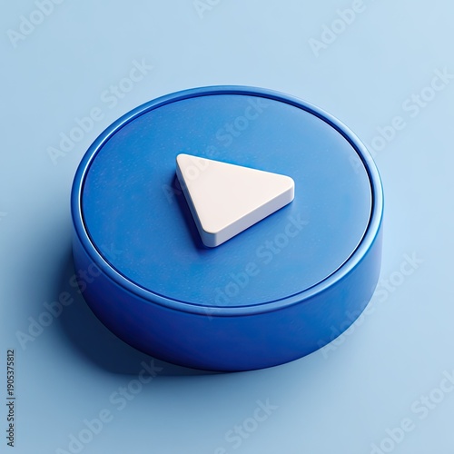 3D rendered, glossy blue circle button with white play triangle. On a light blue background