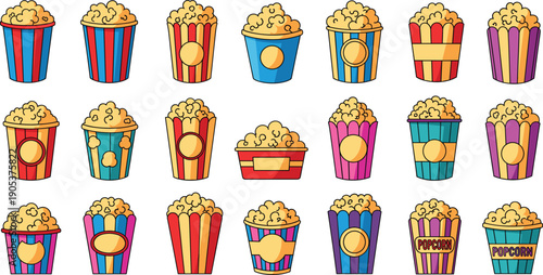 Colorful popcorn bucket icon set featuring striped cinema containers, movie snacks, fast food packaging, and playful theater treats in flat vector style