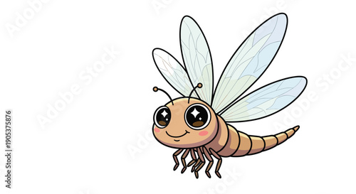 Cute cartoon dragonfly illustration with large sparkly eyes and segmented body flying against a plain white background for kids.