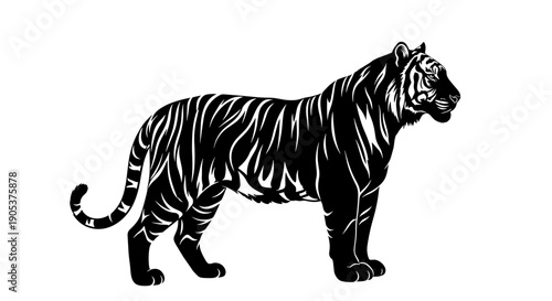 Striking Black and White Tiger Illustration Standing Proudly.