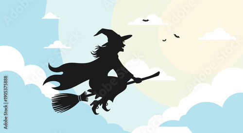 Classic black silhouette of a witch wearing a pointed hat flying her broomstick across a cloudy sky past a large bright moon and bats.