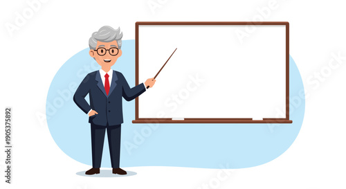Professional male teacher or professor in formal suit pointing at blank whiteboard for presentation or educational lesson in a classroom.
