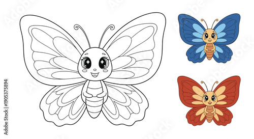 Educational coloring page featuring a large butterfly outline next to small colored examples in blue and red for creative children activities.