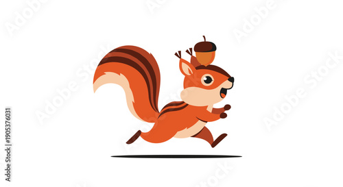 Energetic cartoon squirrel running quickly with a large acorn balanced on its head against a clean white background.
