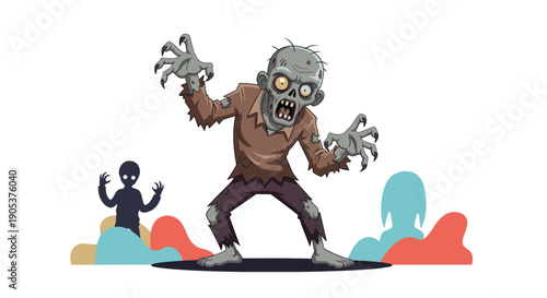 Menacing cartoon zombie with green skin and tattered clothes reaching out with claws in a spooky graveyard or night setting.
