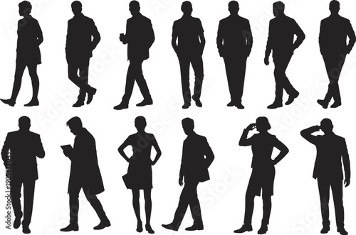 Business professionals silhouette set displaying confident standing poses, modern corporate attire and expressive body language for branding, presentations, marketing, vector illustration