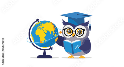 Intelligent owl character wearing a graduation cap and glasses while reading a book next to a desk globe for education.
