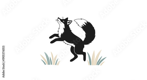 Stylized Black and White Fox Jumping in Grass.