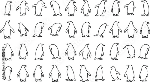 Penguin Line Style Vector Black Icon Set, Antarctic Bird Silhouette Symbol Collection and Wildlife Outline Graphic Group Featuring Penguin, Seabird and Flightless Bird