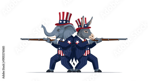 Symbolic US political elephant and donkey mascots wearing Uncle Sam hats and suits while standing back to back with rifles.
