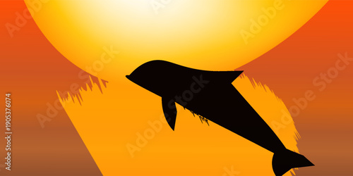 Dolphin leaping dynamically out of the ocean water, creating a captivating splash, silhouetted against the bright orange and yellow hues of a breathtaking sunset