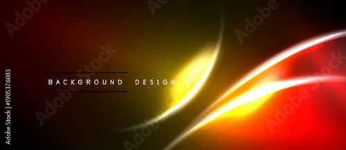 Abstract design features vibrant orange, yellow glows. Smooth curves create dynamic visual effect against dark backdrop. Modern, energetic presentation.