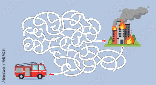 Conceptual brain-shaped maze puzzle showing a fire truck navigating complex paths to reach a tall city building on fire.