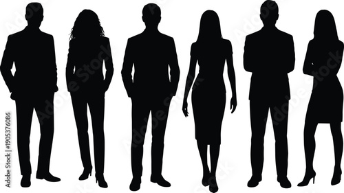 Business professionals silhouette set featuring confident standing poses, corporate attire and modern workplace characters ideal for branding projects, presentations, vector illustration