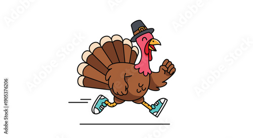 Happy cartoon turkey wearing a traditional pilgrim hat and sneakers while running quickly for a Thanksgiving themed event.
