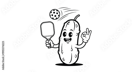 Fun line art illustration of a cartoon pickle character playing pickleball with a paddle and ball showing an okay sign.