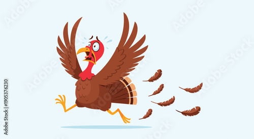 Funny cartoon turkey character running in panic and losing its feathers against a light blue background for holiday humor.