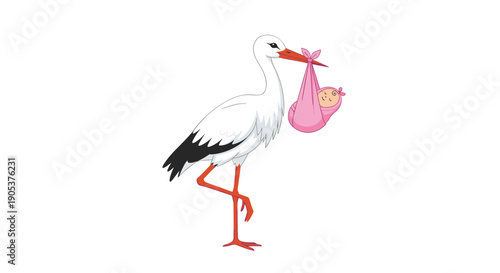 Classic illustration of a white stork standing on one leg and carrying a newborn baby girl in a pink cloth bundle.