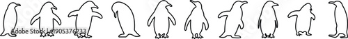 Penguin Line Style Vector Black Icon Set, Antarctic Bird Silhouette Symbol Collection and Wildlife Outline Graphic Group Featuring Penguin, Seabird and Flightless Bird