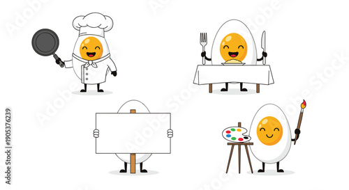 Collection of cute egg characters in different outfits and activities including a chef, an artist, and a diner at a table.