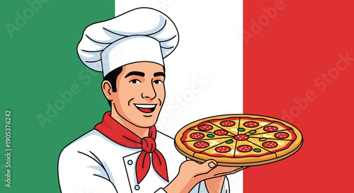 Smiling Italian chef wearing a traditional uniform and hat proudly holding a delicious pepperoni pizza in front of the flag.