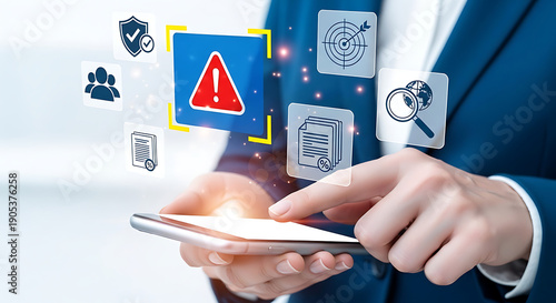 Cyber security alert on mobile device with digital icons representing data protection and monitoring
