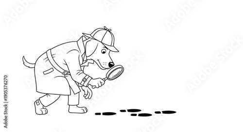 Curious cartoon dog detective wearing a trench coat and hat using a magnifying glass to follow a trail of footprints.