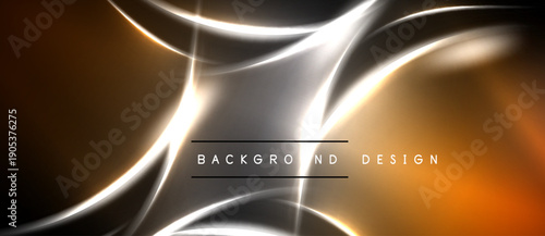 Abstract design features flowing lines, gradients. Warm colors dominate with bright highlights, creating dynamic visual effect. Background is dark.