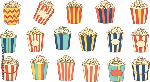 Popcorn bucket icon set featuring striped cinema containers, classic movie snacks, colorful fast food packaging, and theater treats in flat vector style