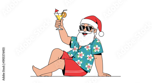 Santa claus relaxes on the sand wearing sunglasses and a hawaiian shirt while holding a tropical cocktail during his summer break.